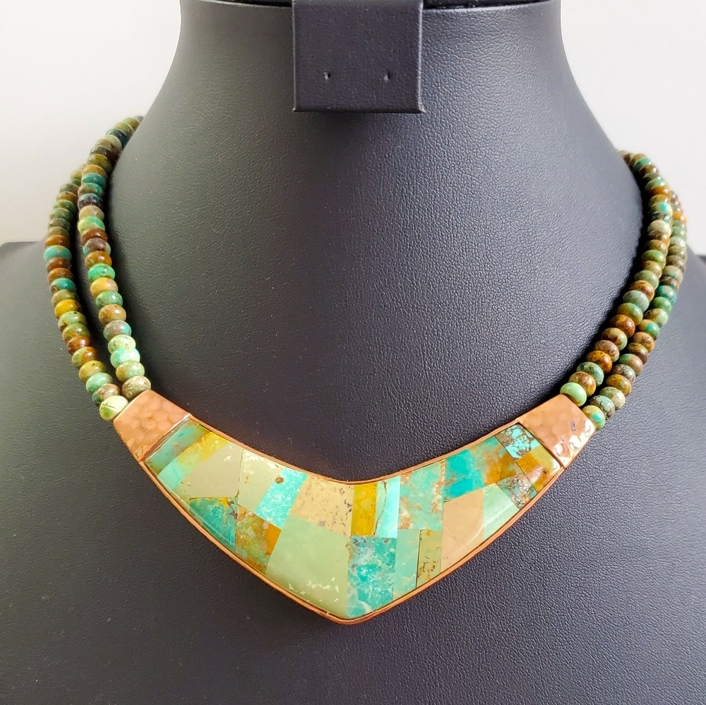 Copper Gold Turquoise Inlaid Native Necklace - Picture 3 of 9
